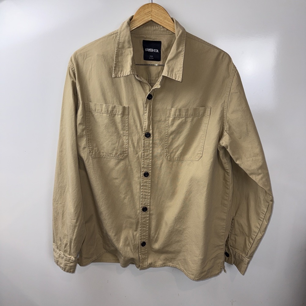 RSQ Large Men's Long Sleeve Button Up Khaki Button Up Shirt Tan Brown Denim‎
